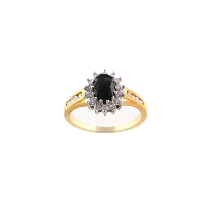 R033 Kétszínű fehér és sárga arany gyűrű zafírral és gyémánttal