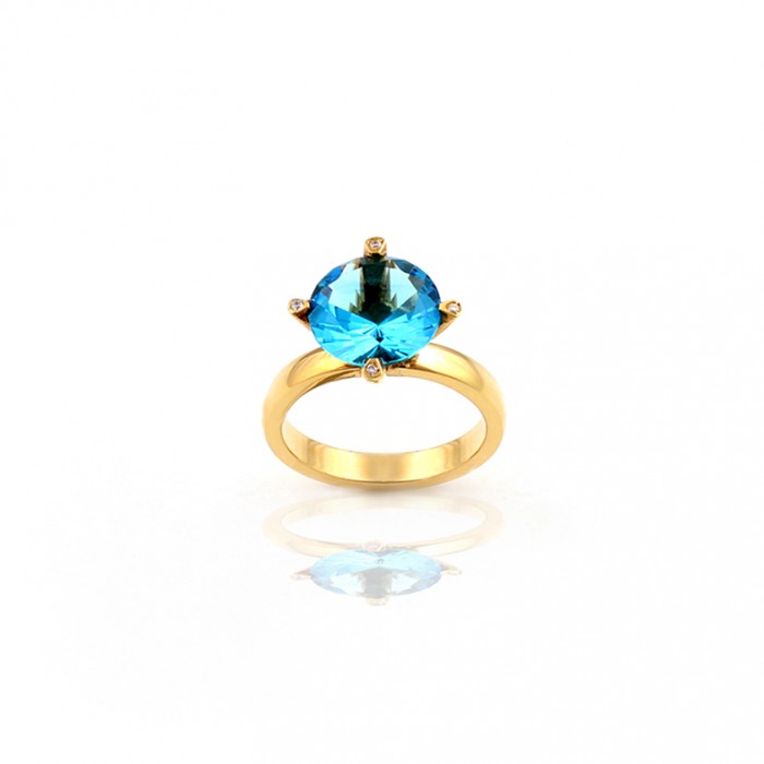 R059 Yellow Gold Ring with  Blue Topas and 0.02ct Diamonds