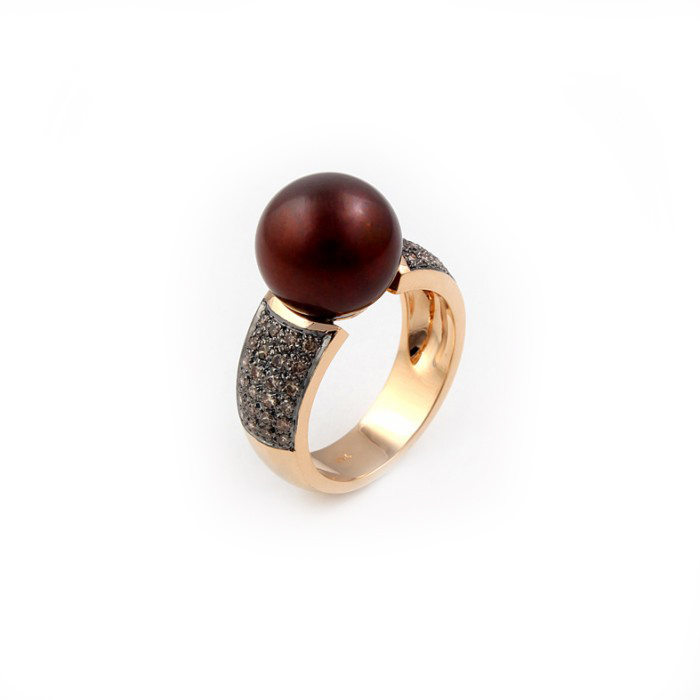 R293 Rose Gold Ring Whith 0.61ct Diamonds and Tahitian Pearl