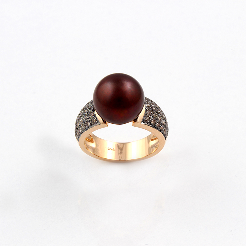 R293 Rose Gold Ring Whith 0.61ct Diamonds and Tahitian Pearl