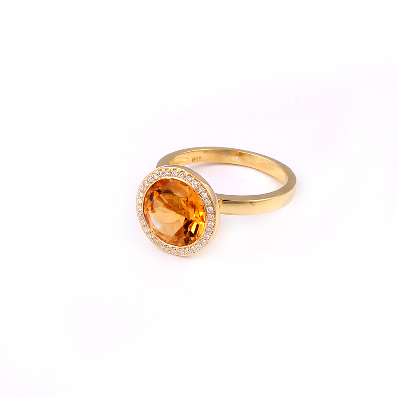 R419 gult gull Ring med Zitrin og 0,17 ct diamant