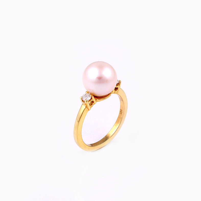 R032C gult gull Ring med Pearl og 0,16 ct diamanter