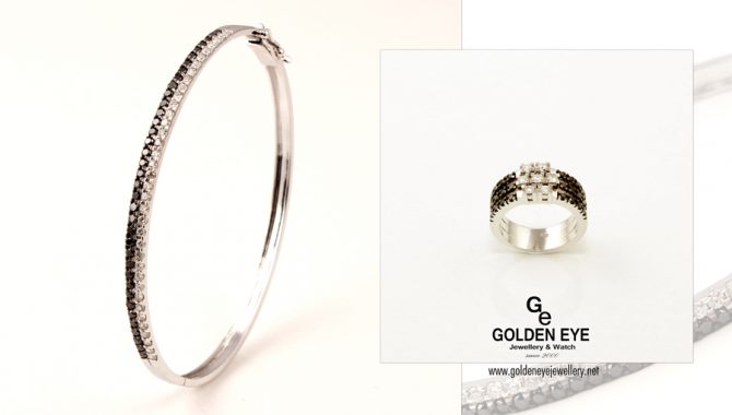 Inel din aur alb R540 cu diamante negre de 0,41 ct și diamante albe de 0,28 ct