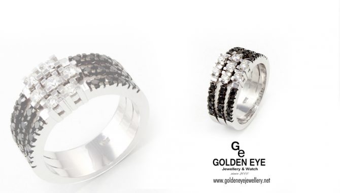 Inel din aur alb R540 cu diamante negre de 0,41 ct și diamante albe de 0,28 ct