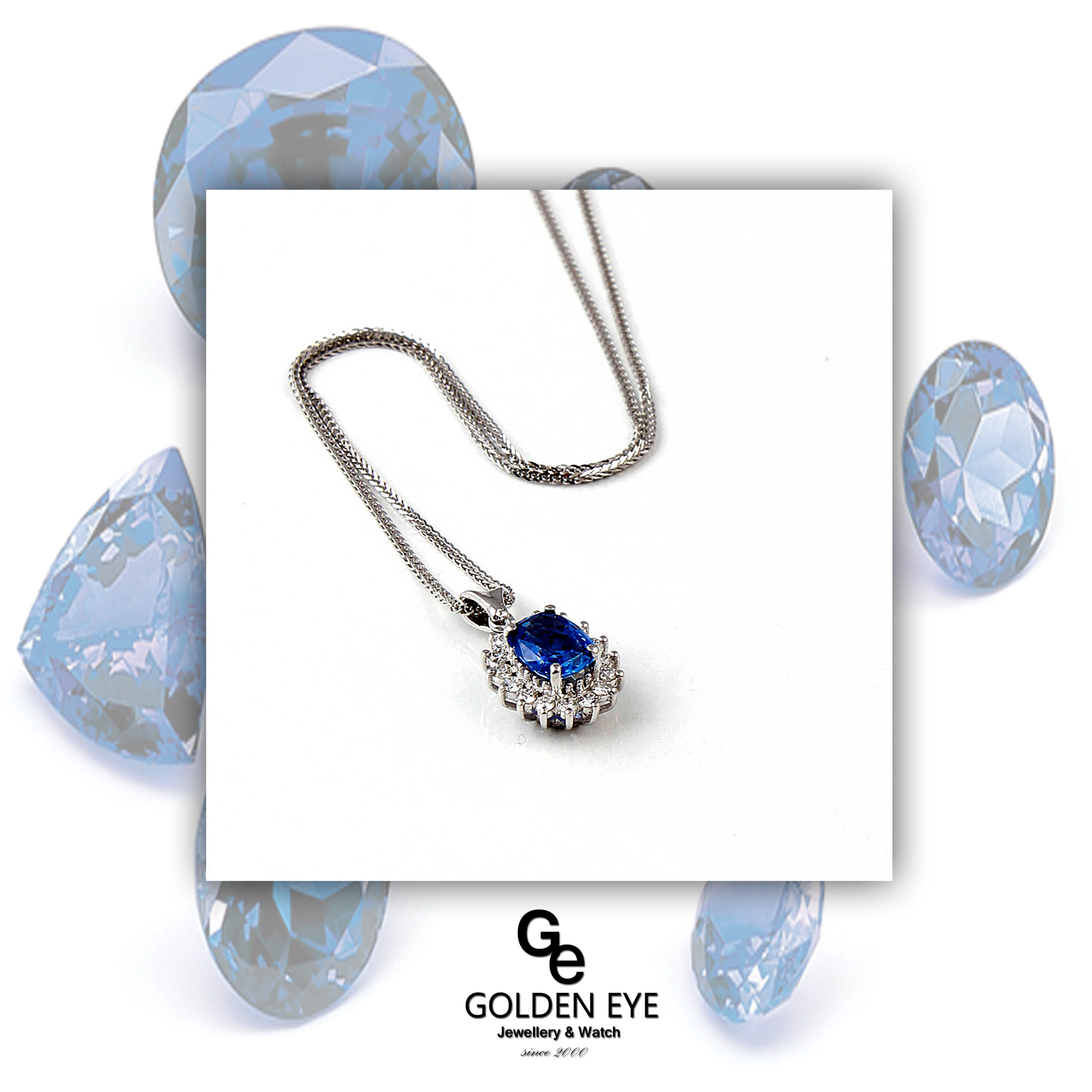 G02A Pendent din aur alb cu safir albastru și diamante