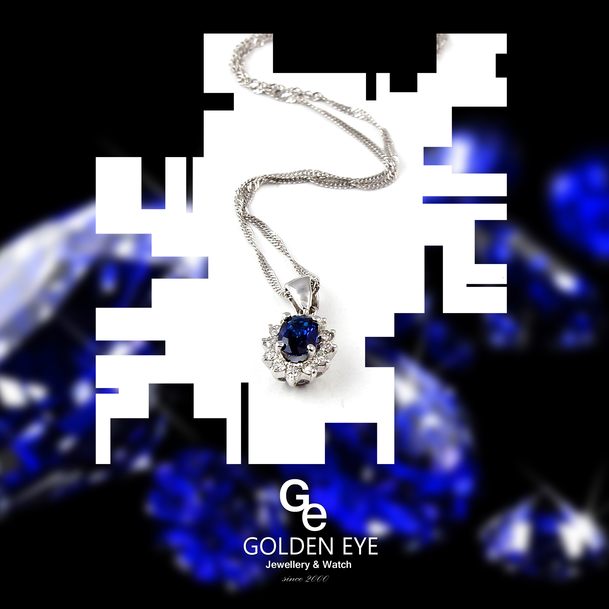 G02B hvitt gull hengende med blå Saphire og diamanter