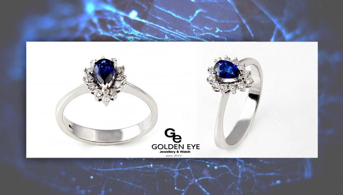 R013A hvitt gull Ring med blå Saphire og diamanter
