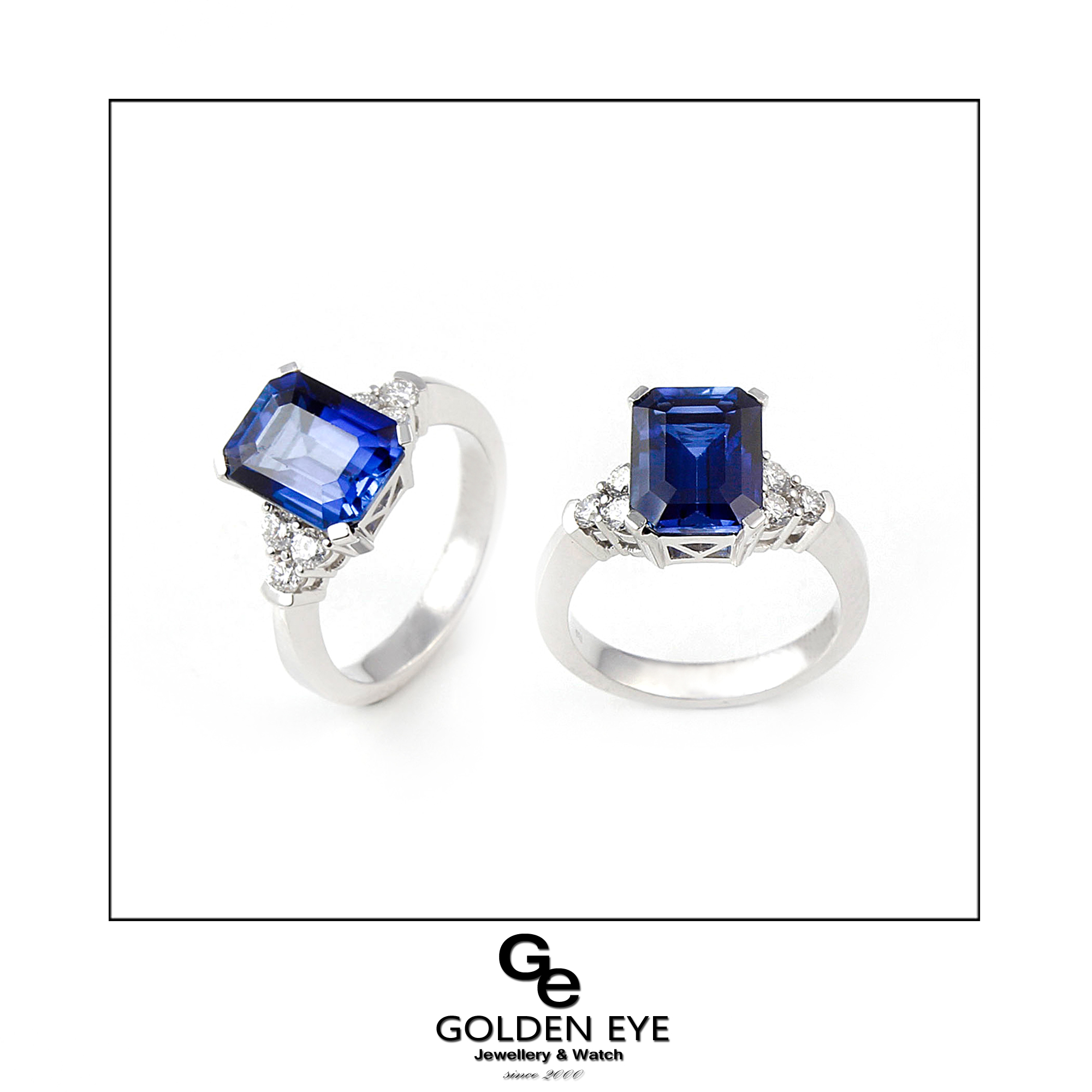 R033A Prsten od bijelog zlata s plavim safirom i dijamantima