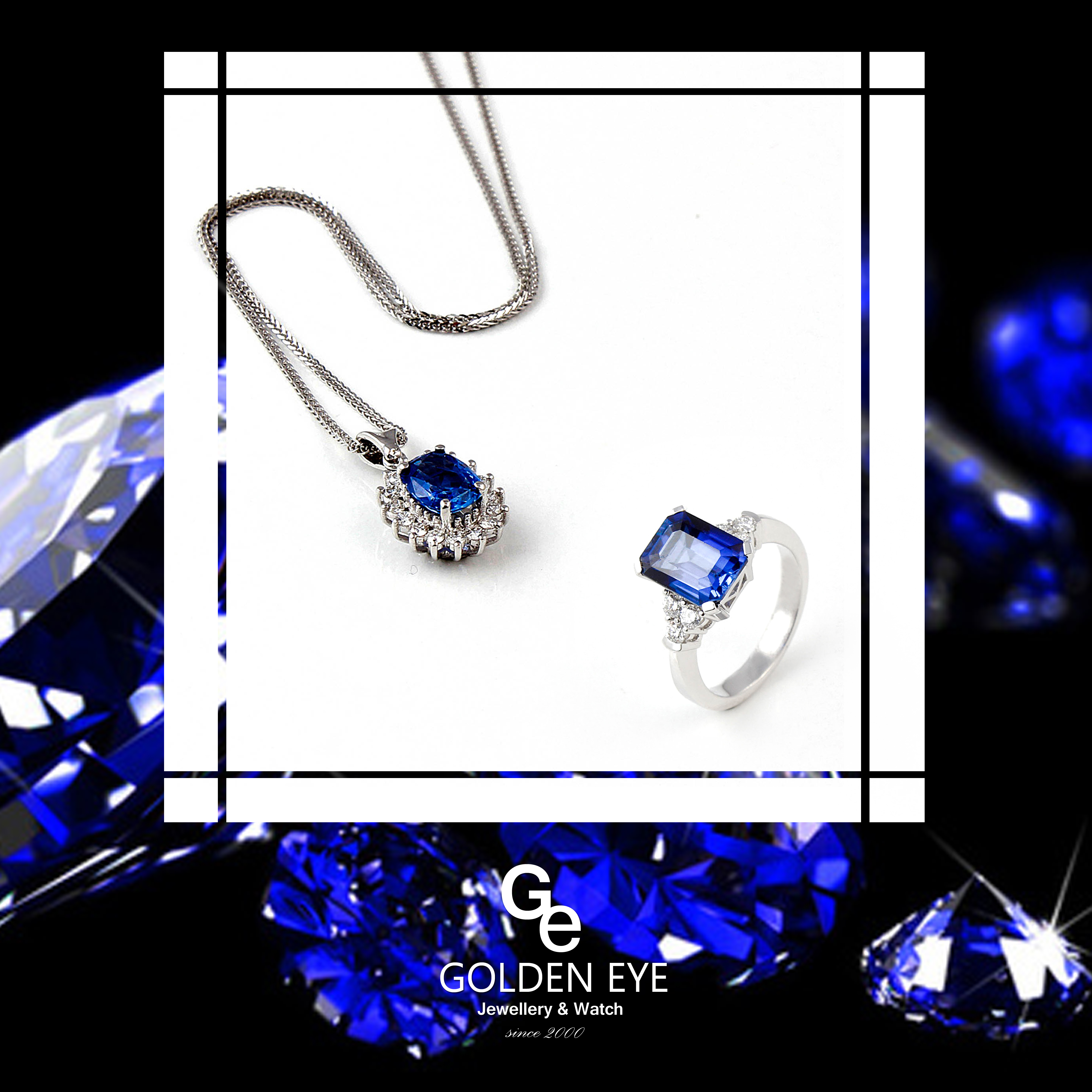 R033A Prsten z bílého zlata s modrým safírem a diamanty
