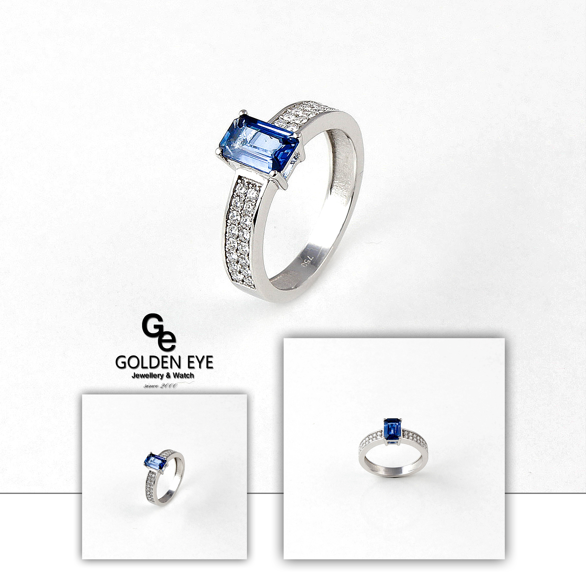 Anel de ouro branco R033D com safira azul e diamantes