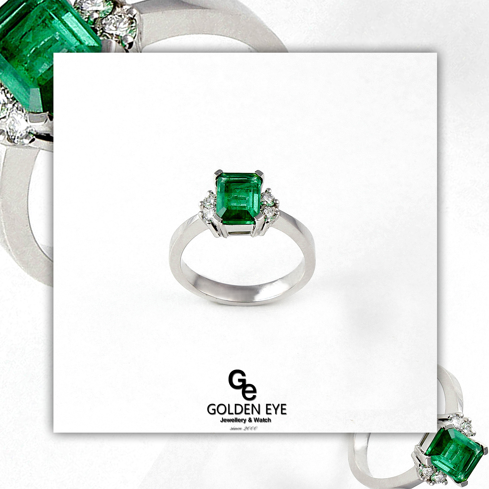 R034A White Gold Ring with Emerald and Diamonds