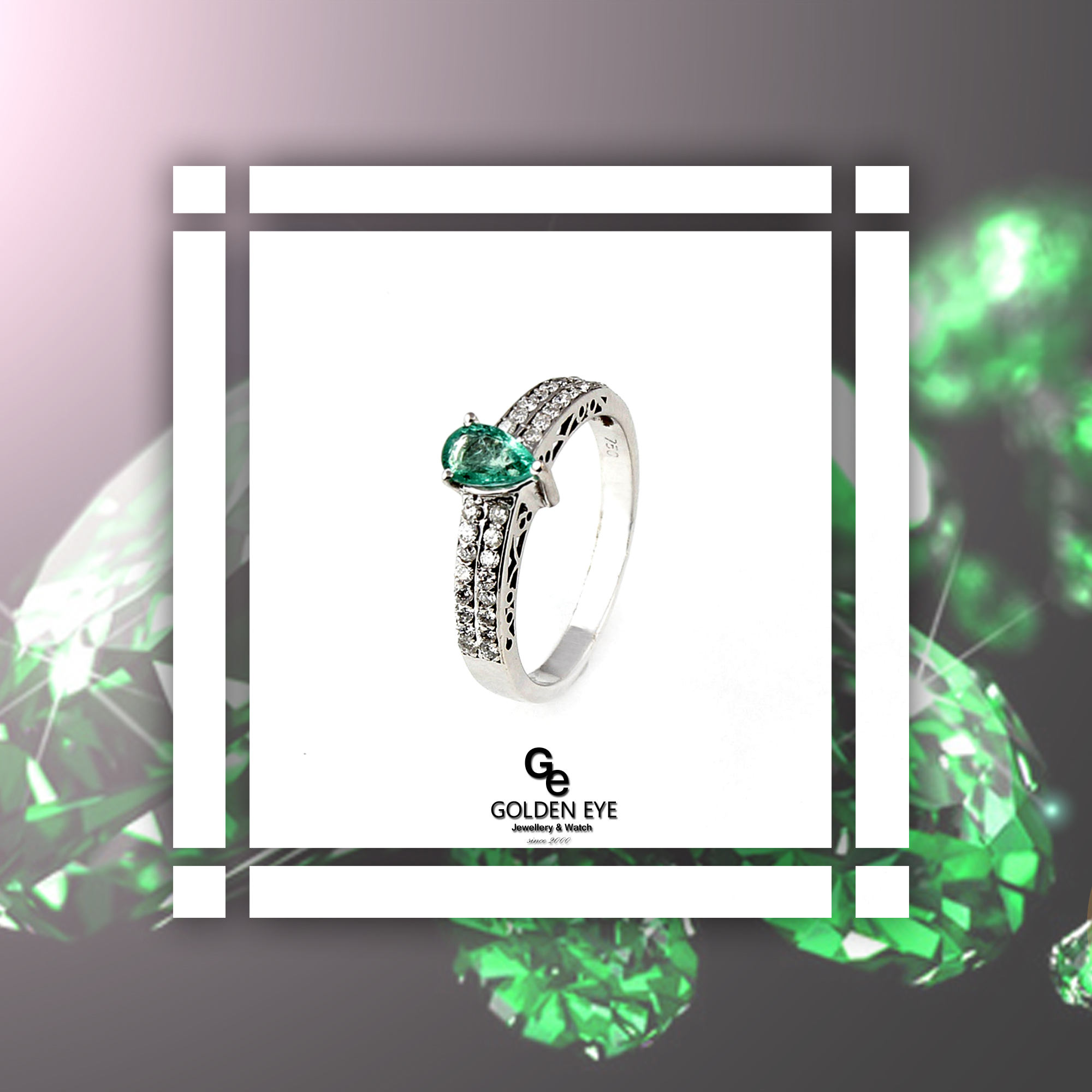 R034D White Gold Ring with Emerald and Diamonds