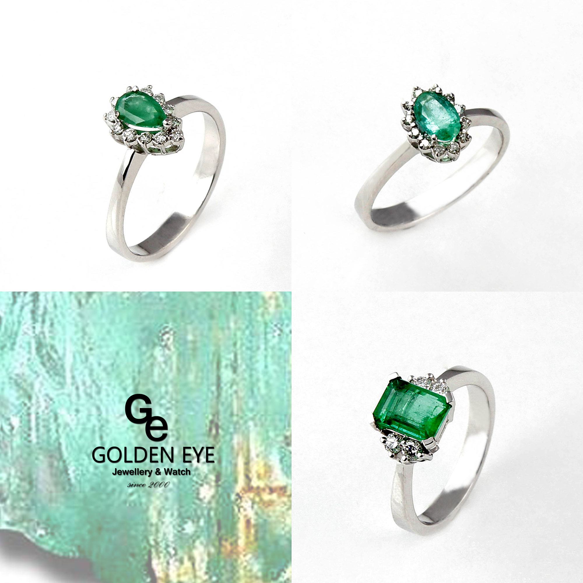 R035B hvid guld Ring med Emerald og diamanter